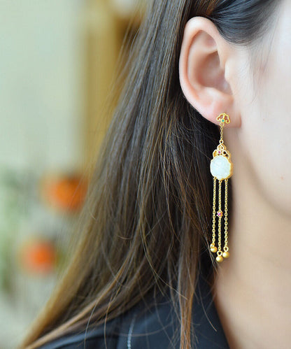 Yellow Sterling Silver Jade Tassel Drop Earrings