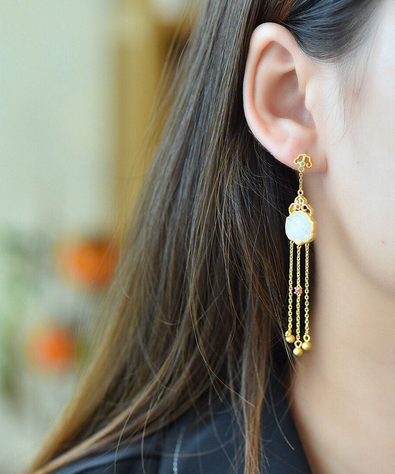 Yellow Sterling Silver Jade Tassel Drop Earrings