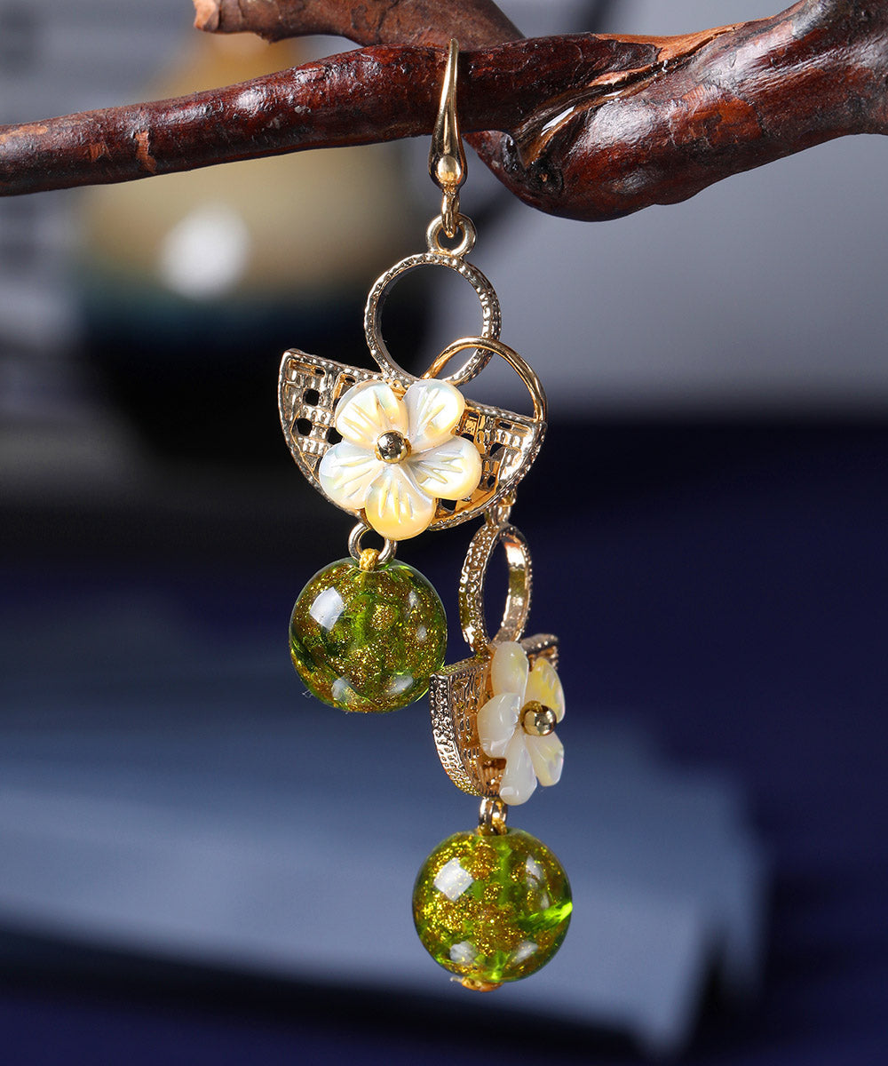 Handmade Green Copper Glaze Shell Flower Drop Earrings