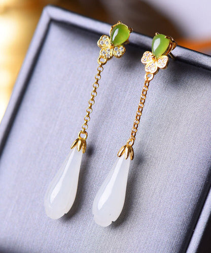 Diy Green Sterling Silver Inlaid Jade Zircon Tassel Drop Earrings