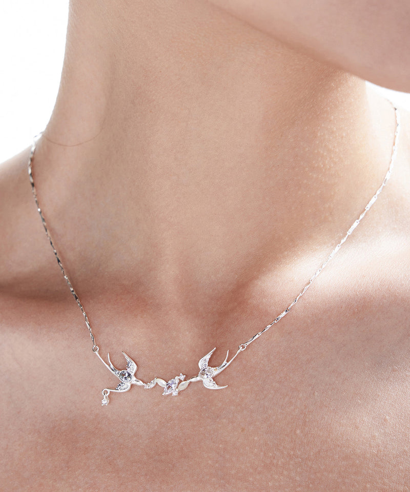 Natural White Freshwater Pearl Zircon Double Swallow Silver Plated Choker