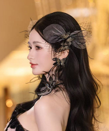 Stylish Black Feather Tulle Tassel a Pair Hairpin