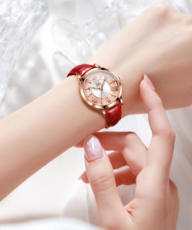 Red Leather Overgild Zircon Quartz Movement Waterproof Leather Watch