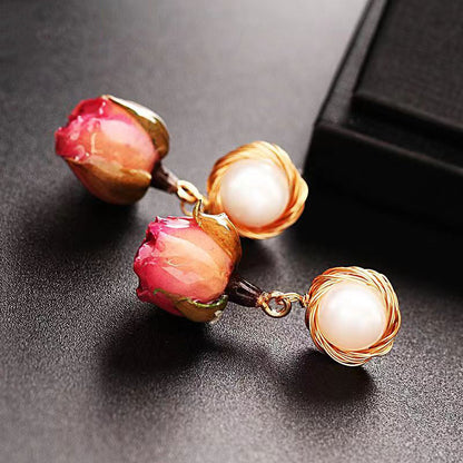 Red Gradient Color Sterling Silver Alloy Pearl Rose Drip Oil Drop Earrings