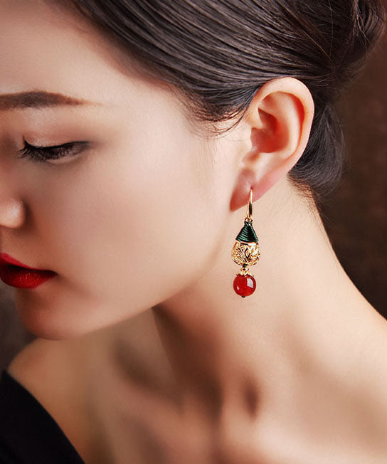 Unique Red Agate Droplet Shape 14k Gold Drop Earrings