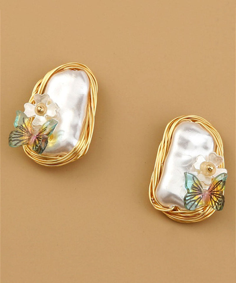 Yellow Handmade Pearl Butterfl Stud Earrings