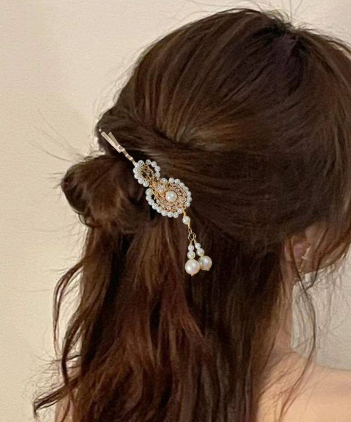 Chinese Style White Alloy Pearl Calabash Tassel Hairpin