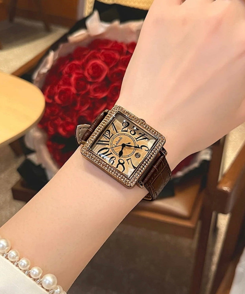 Coffee Leather Zircon Quartz Movement Tempered Glass Watch