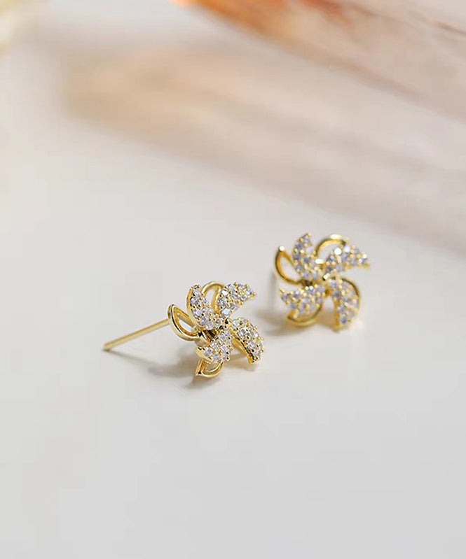 Gold Copper Alloy Zircon a Spinning Windmill Stud Earrings