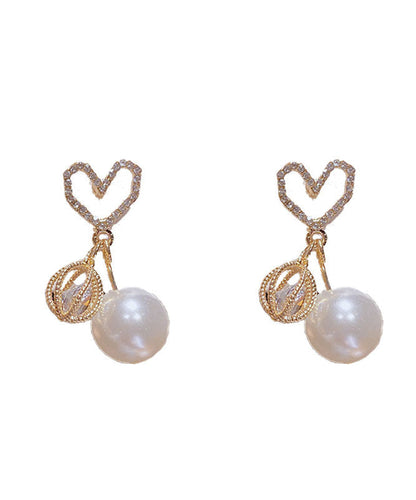 Gold Sterling Silver Alloy Zircon Love Pearl Drop Earrings