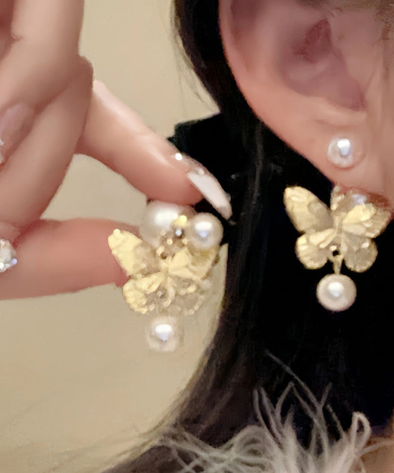Gold Copper Alloy Butterfly Pearl Drop Earrings