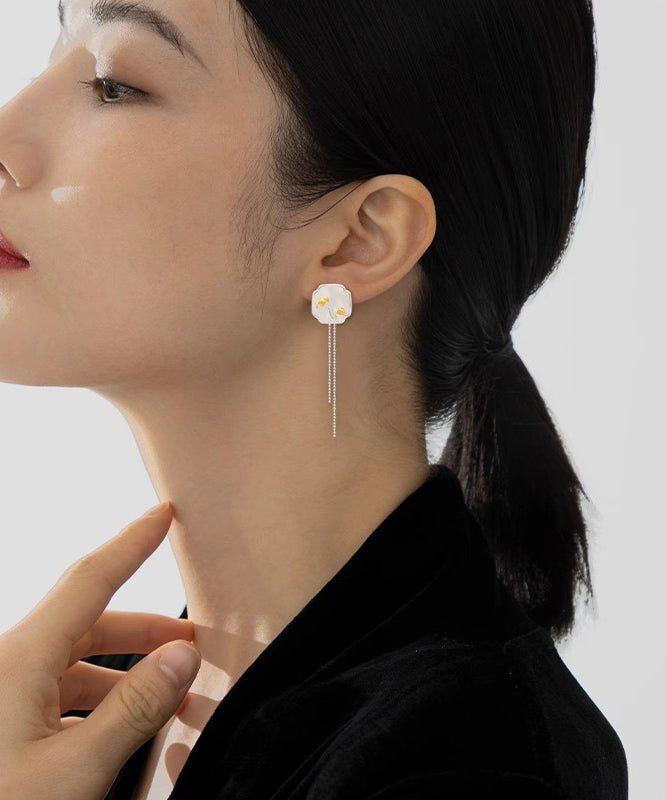 Art White Sterling Silver Shell Little Bird Tassel Drop Earrings
