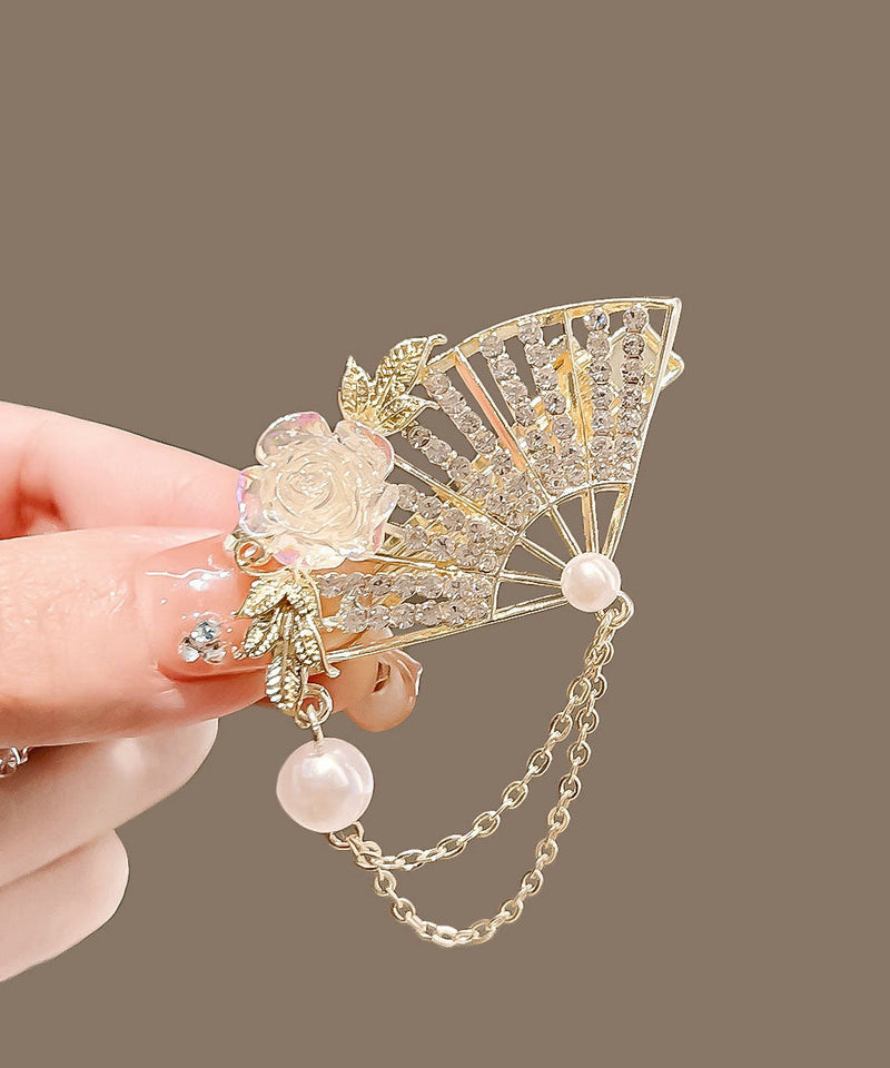 Golden Yellow Alloy Crystal Pearl Fan Tassel Duck Mouth Hairpin