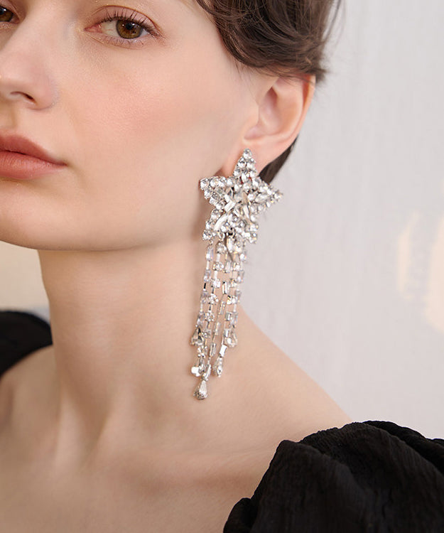 Exaggeration Silk Zircon Five Pointed Star Tassels Silver Plated Stud Earrings