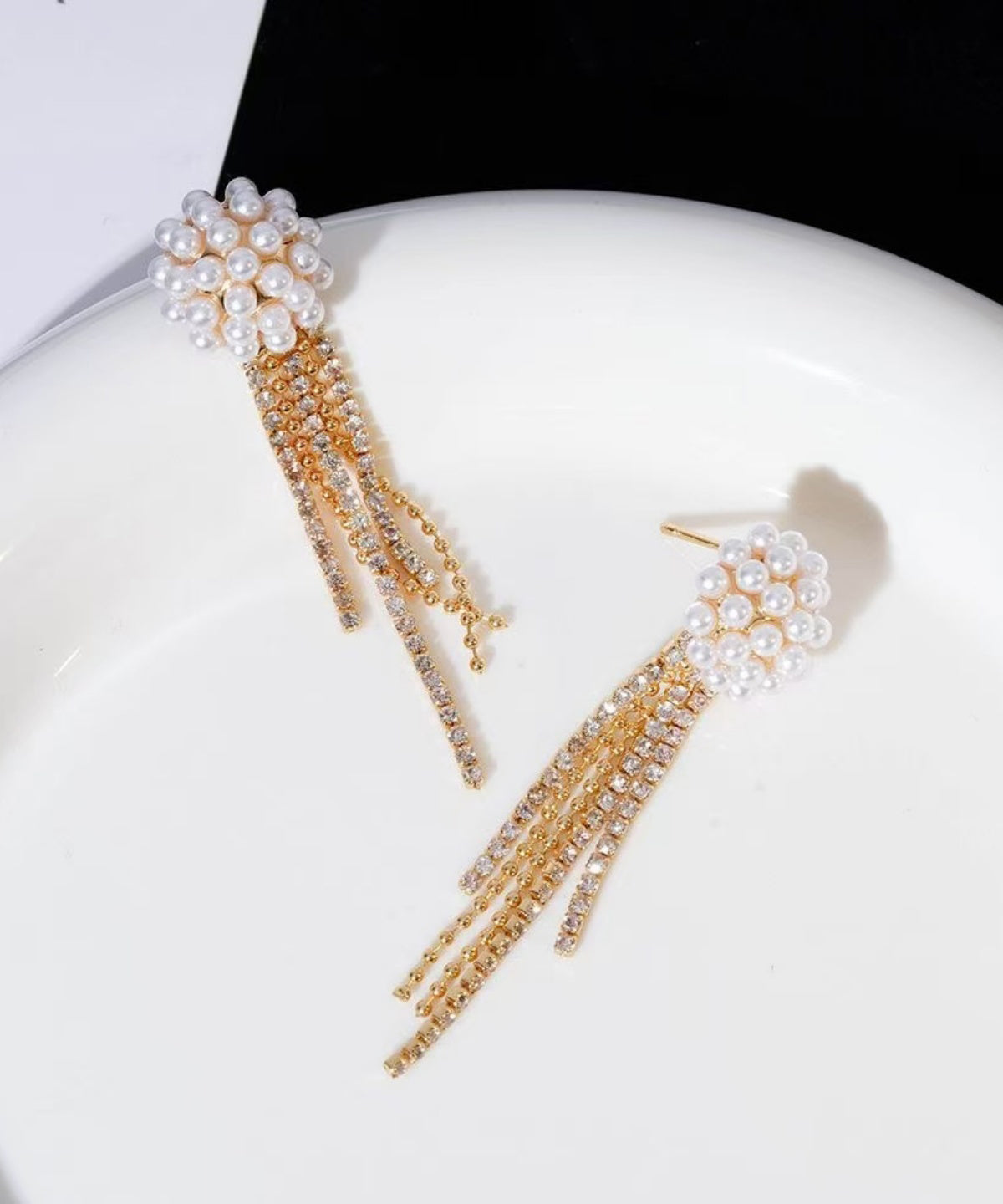 Gold Copper Alloy Zircon Pearl Tassel Drop Earrings