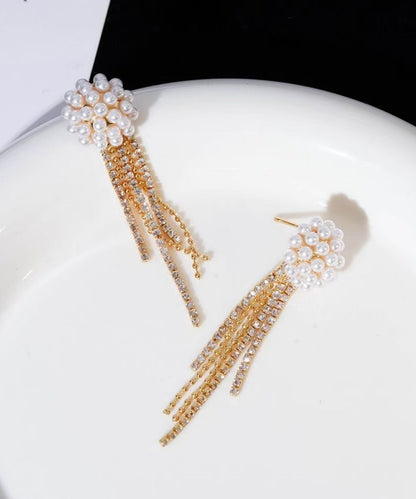 Gold Copper Alloy Zircon Pearl Tassel Drop Earrings