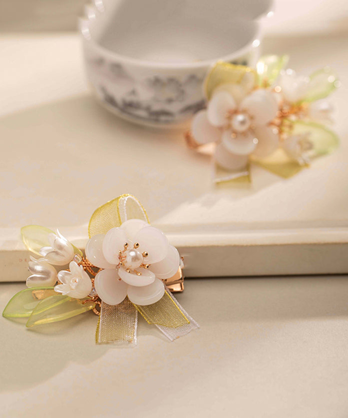 Chinese Style White Alloy Pearl Colored Glaze Chiffon Ribbon Hairpin