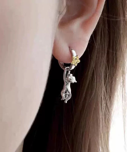 Boutique Silk Sterling Silver Zircon the Cat Picking Stars Drop Earrings