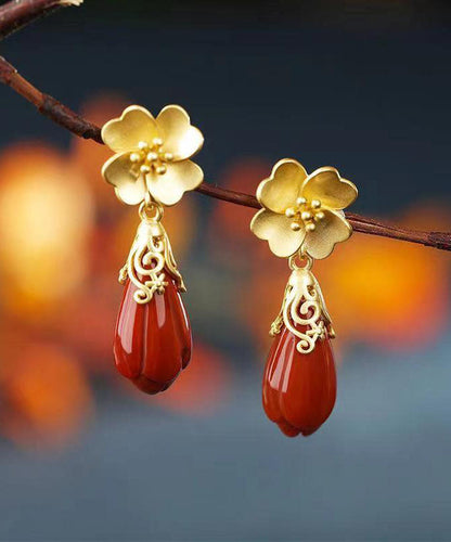 Diy Red Ancient Silver Inlaid Agate Drop Earrings