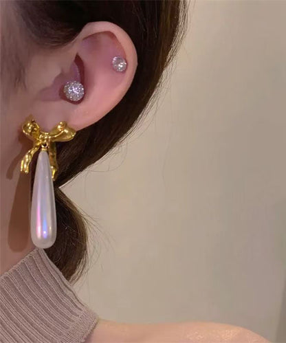 Original Design White Copper Overgild Bow Pearl Water Droplet Drop Earrings