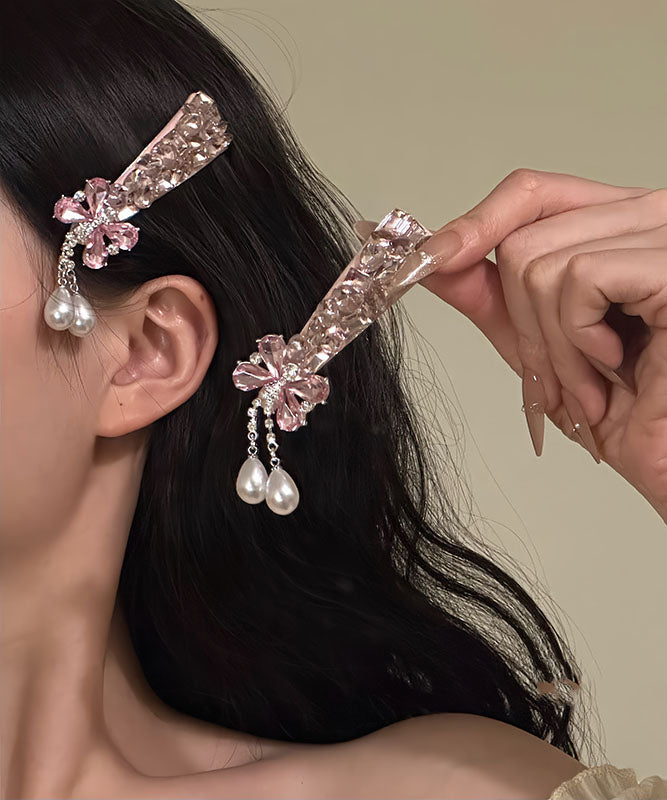 Fine Pink Alloy Butterfly Zircon Pearl Tassel a Pair Hairpin