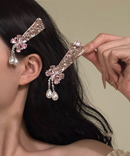 Fine Pink Alloy Butterfly Zircon Pearl Tassel a Pair Hairpin