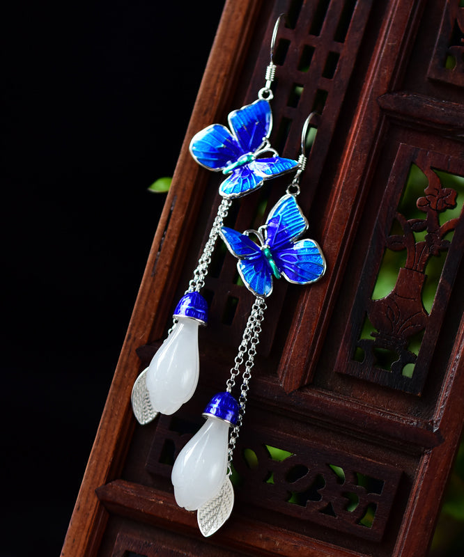 Blue Paitings Silver Gem Stone Drop Earrings