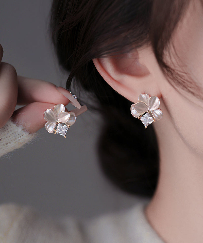 Pink Copper Overgild Zircon Petal Stud Earrings