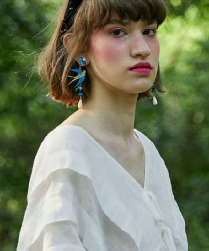 Original Design Blue Alloy Bird in Flight Drop Earrings