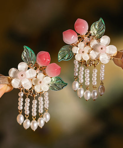 Fine White Alloy Pearl Resin Peach Tassel a Pair Hairpin