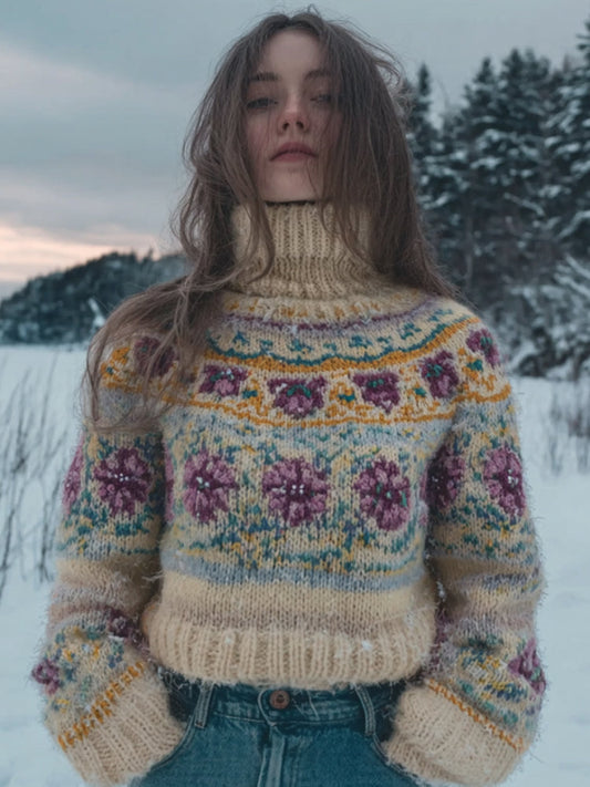 Comstylish Women's Fair Island Embroidered Flower Warm Plush High Neck Sweater