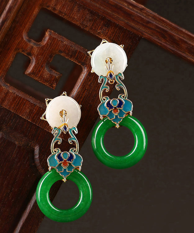 Modern Green Copper Cloisonne Jadeite Dry Green Drop Earrings