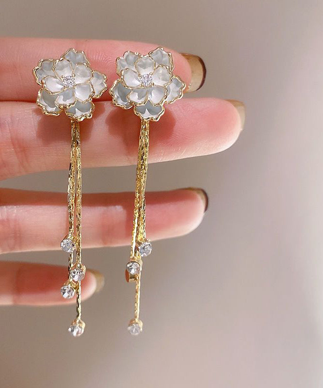 Gold Copper Alloy Zircon Camellia Tassel Drop Earrings