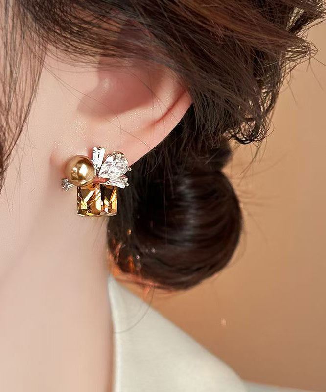 Brown Alloy Crystal Pearl Stud Earrings