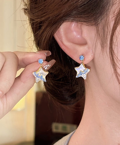 Diy Blue Copper Alloy Zircon Starfish Shell Drop Earrings
