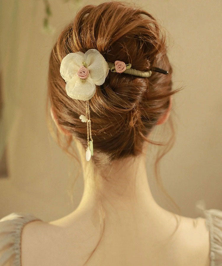 Original Design Apricot Fabric Tulle Pearl Tassel Hairpin