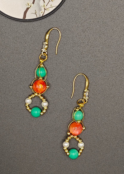 Stylish Orange Crystal and Fine Turquoise Drop Earrings