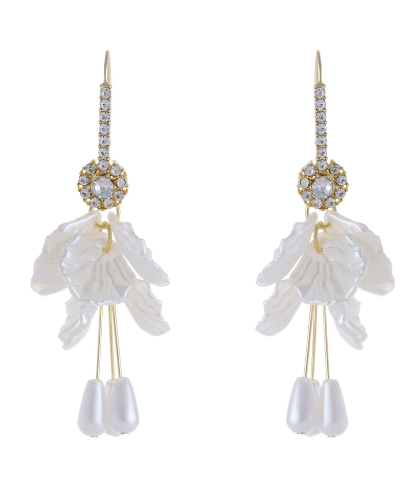 Classy White Copper Overgild Zircon Acrylic Shell Pearl Tassel Drop Earrings