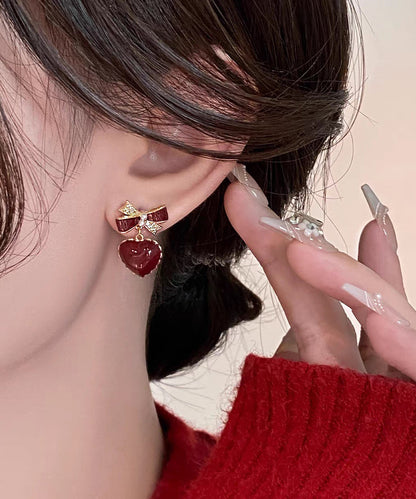 French Red Copper Alloy Zircon Bow Love Stud Earrings
