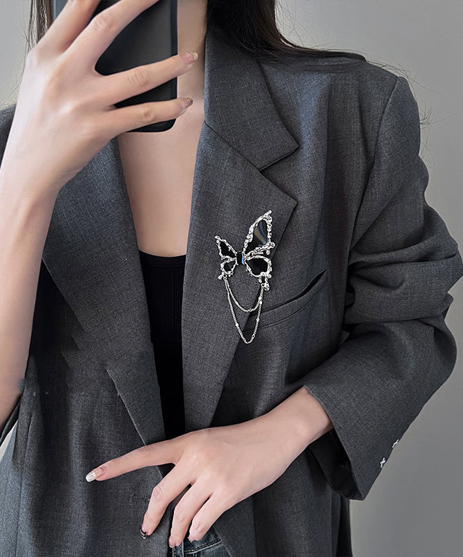 Black Metal Butterfly Tassel Brooches