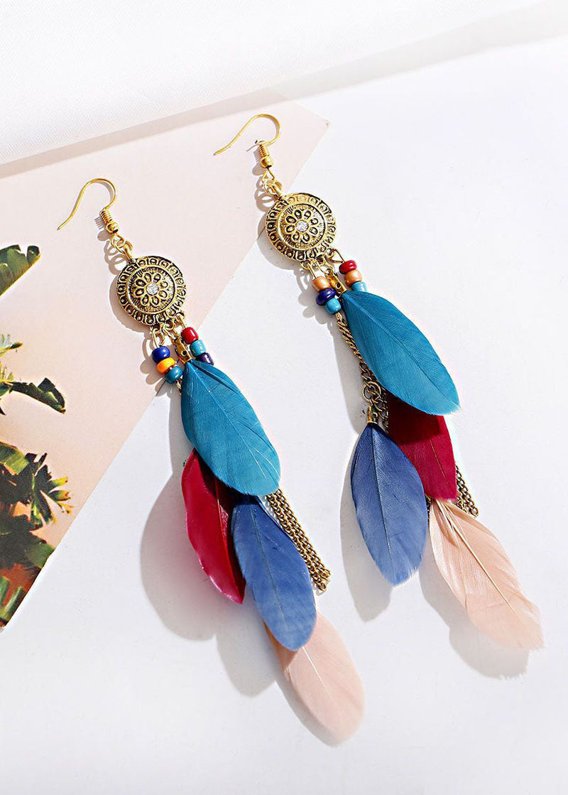 Multicolour Feather Tassel Metal Drop Earrings