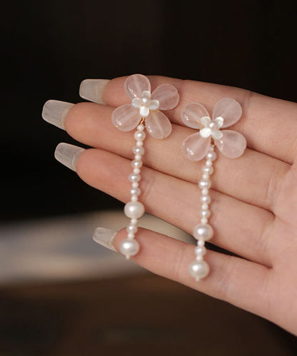 Pink Weave Crystal Pearl Tassel Drop Earrings