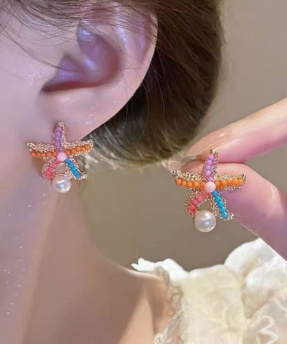 Beach Rainbow Alloy Pearl Coral Starfish Stud Earrings