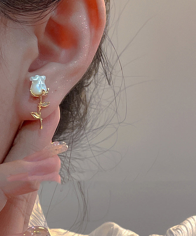 Gold Copper Overgild Asymmetrical Rose and Stud Earrings