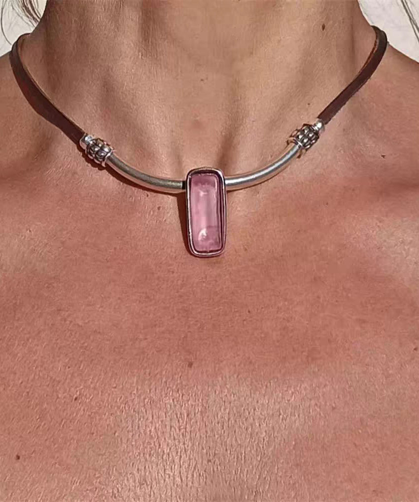 Pink Leather Alloy Crystal Pendant Necklace