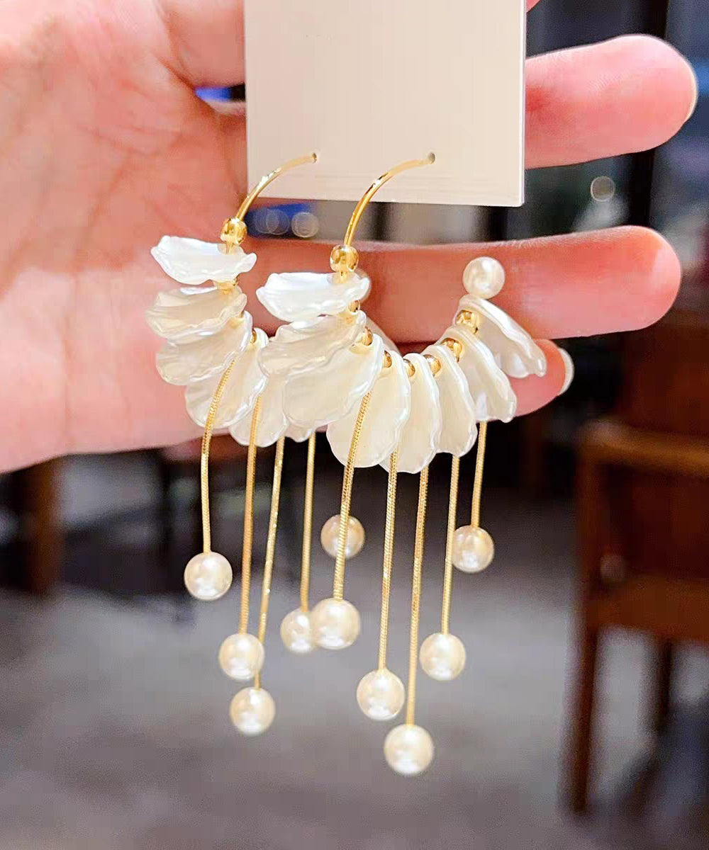 Gold Copper Alloy Pearl Petals Tassel Drop Earrings
