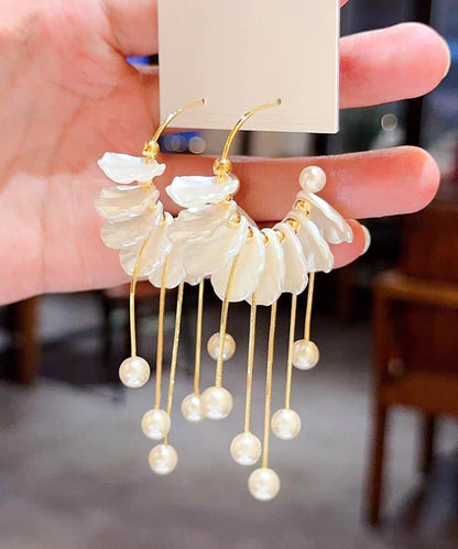 Gold Copper Alloy Pearl Petals Tassel Drop Earrings