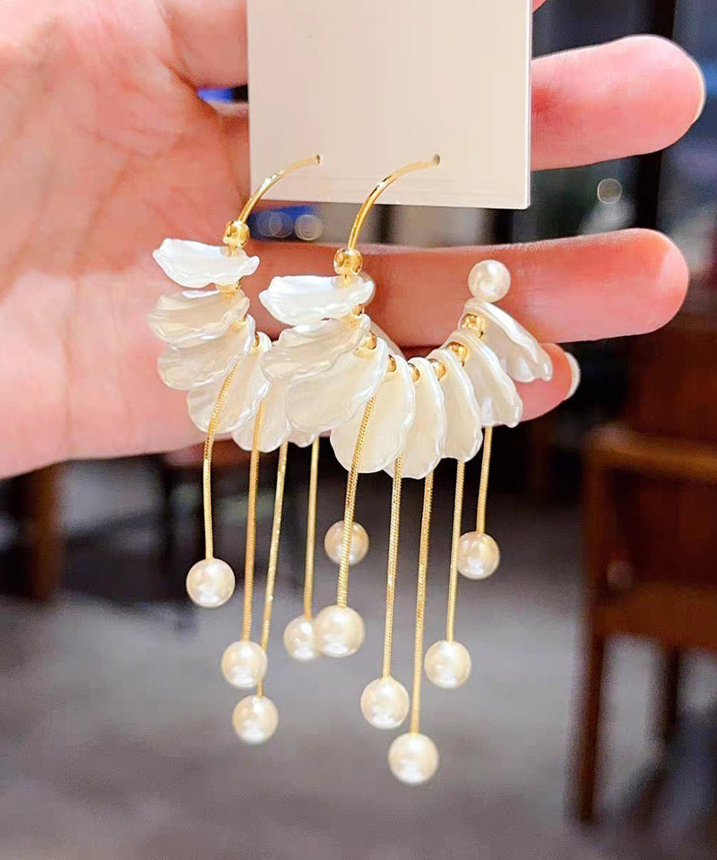 Gold Copper Alloy Pearl Petals Tassel Drop Earrings