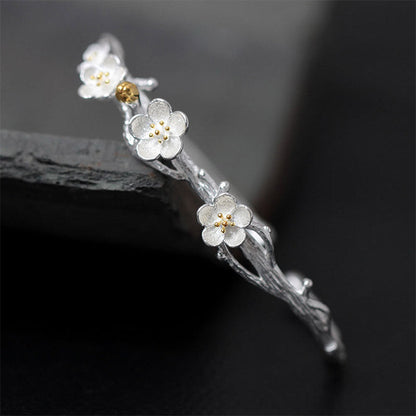 Sterling Silver Plum Flower Blessing Adjustable Spiritual Bracelet