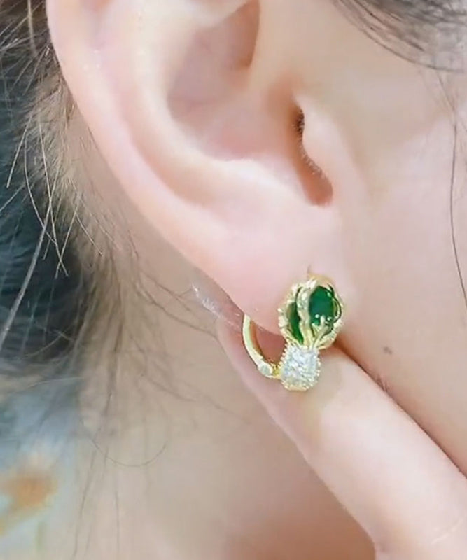 Green Cabbage Sterling Silver Overgild Zircon Stud Earrings